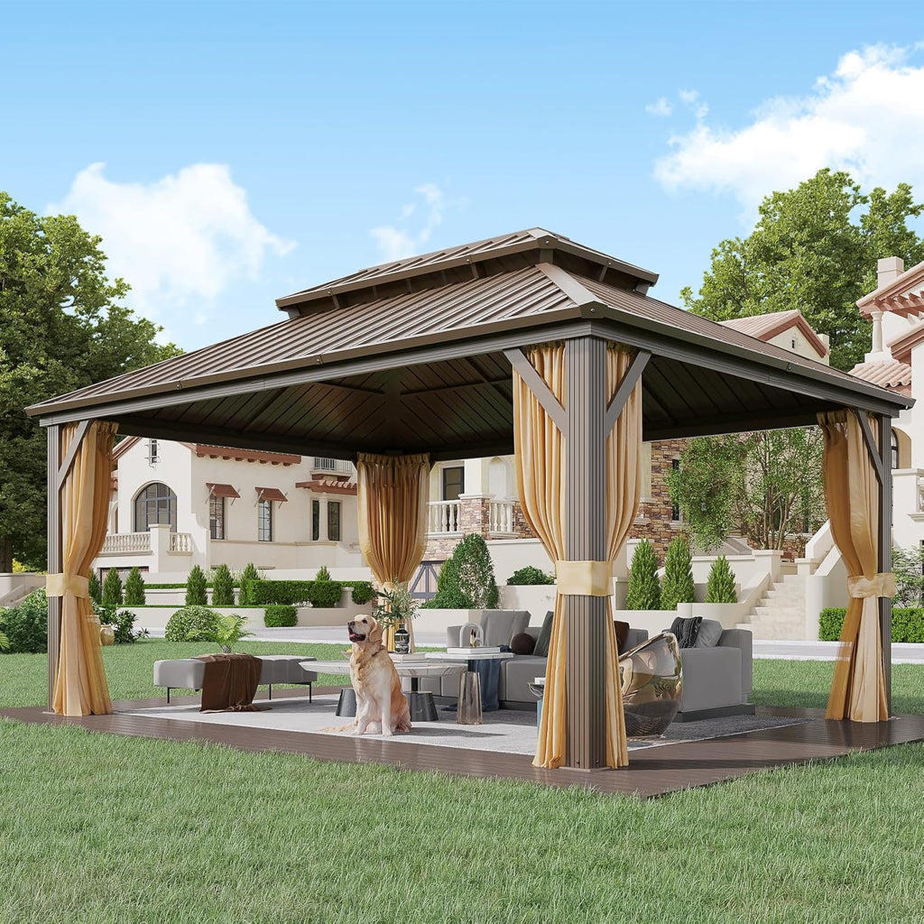 12' x 16' Gazebo Hardtop with Aluminum Frame,Galvanized Steel Double Roof Gazebos with Curtain and Netting,Outdoor Metal Pergolas for Garden, Lawn, Deck, Brown