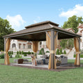 12' x 16' Gazebo Hardtop with Aluminum Frame,Galvanized Steel Double Roof Gazebos with Curtain and Netting,Outdoor Metal Pergolas for Garden, Lawn, Deck, Brown