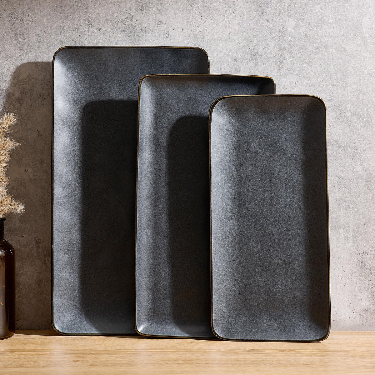 Serving Platters Set of 3 Sizes - Rectangular, Matte Dark Charcoal