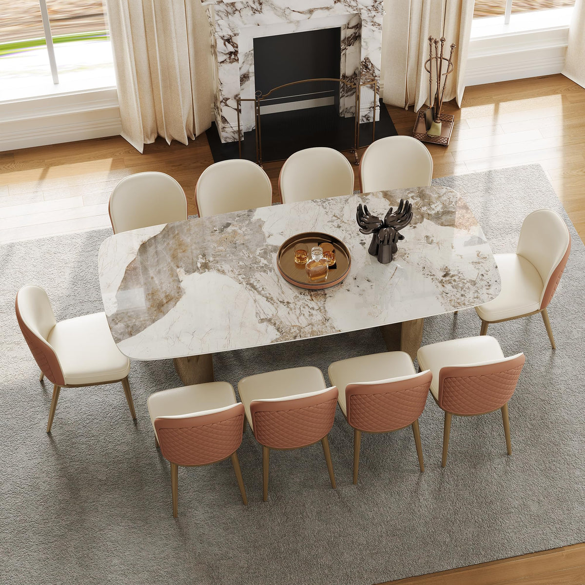 Rectangular Dining Table for 8-10 People, 79 inch Luxury Kitchen Table with Sintered Stone Tabletop and Gold Metal