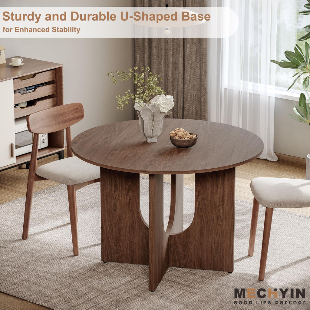 Inspired Saarinen Style Round Dining Table for 4, 43" Mid Century Kitchen Table with Sculptural U-Shaped Pedestal Base, Walnut Dinner Table