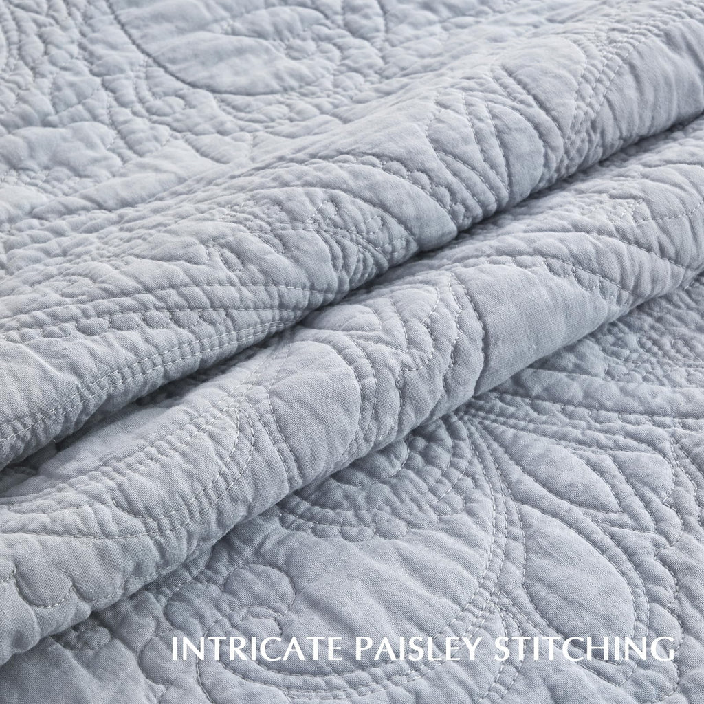 100% Cotton Paisley Quilt Set, King Size, Pearl Blue