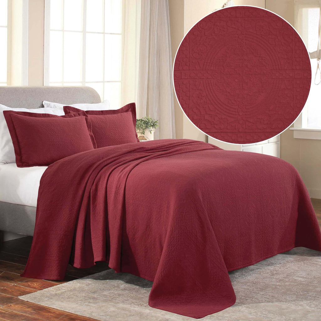Cotton Bedspread, Jacquard Woven Matelasse Bedding, Queen, Garnet