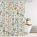 Boho Rustic Floral White 140 GSM Faux Linen, Vintage Morris Abstract Green Leaves Plant with Wildflowers Bathroom