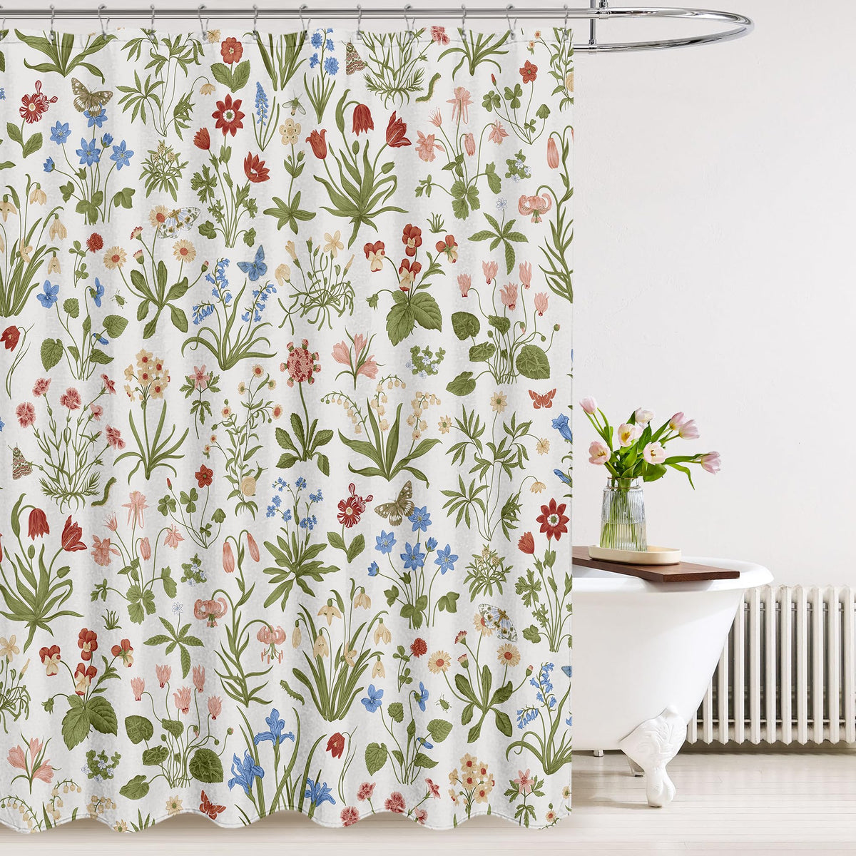 Boho Rustic Floral White 140 GSM Faux Linen, Vintage Morris Abstract Green Leaves Plant with Wildflowers Bathroom