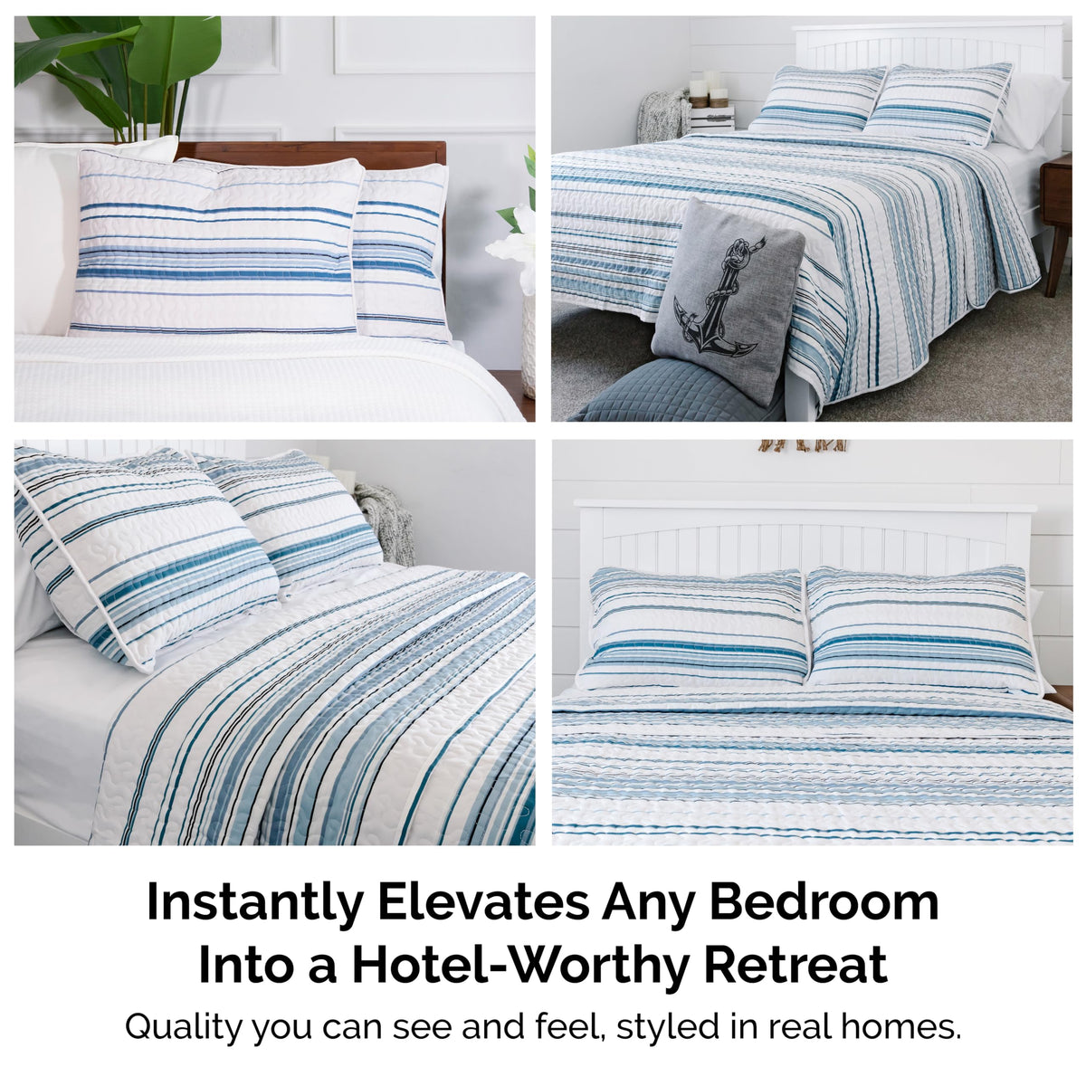 Oversized Quilt Set w/ 2 Quilted Pillow Shams, Blue Stripes Quilts