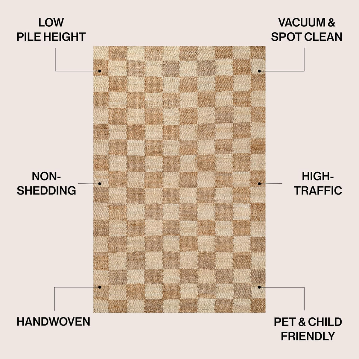 Theo Woven Jute Checkerboard Natural/Bleach Indoor Area Rug, Modern, Farmhouse, Rustic, Lodge, Easy-Cleaning