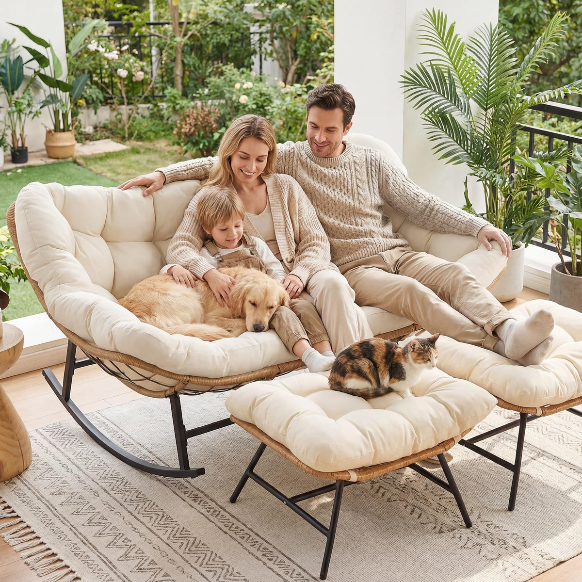 Inspired Egg Style Double Rocking Chair with Ottomans, Papasan Lounger Chairs