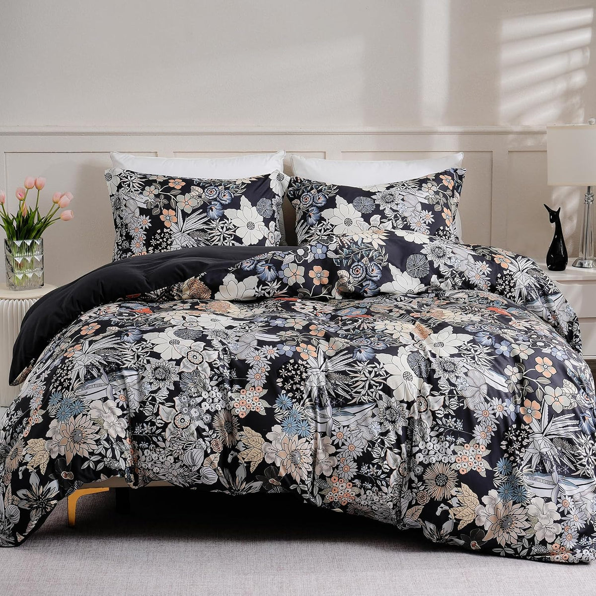 Floral Duvet Cover Set, 3-Piece Soft Microfiber with Black Lining