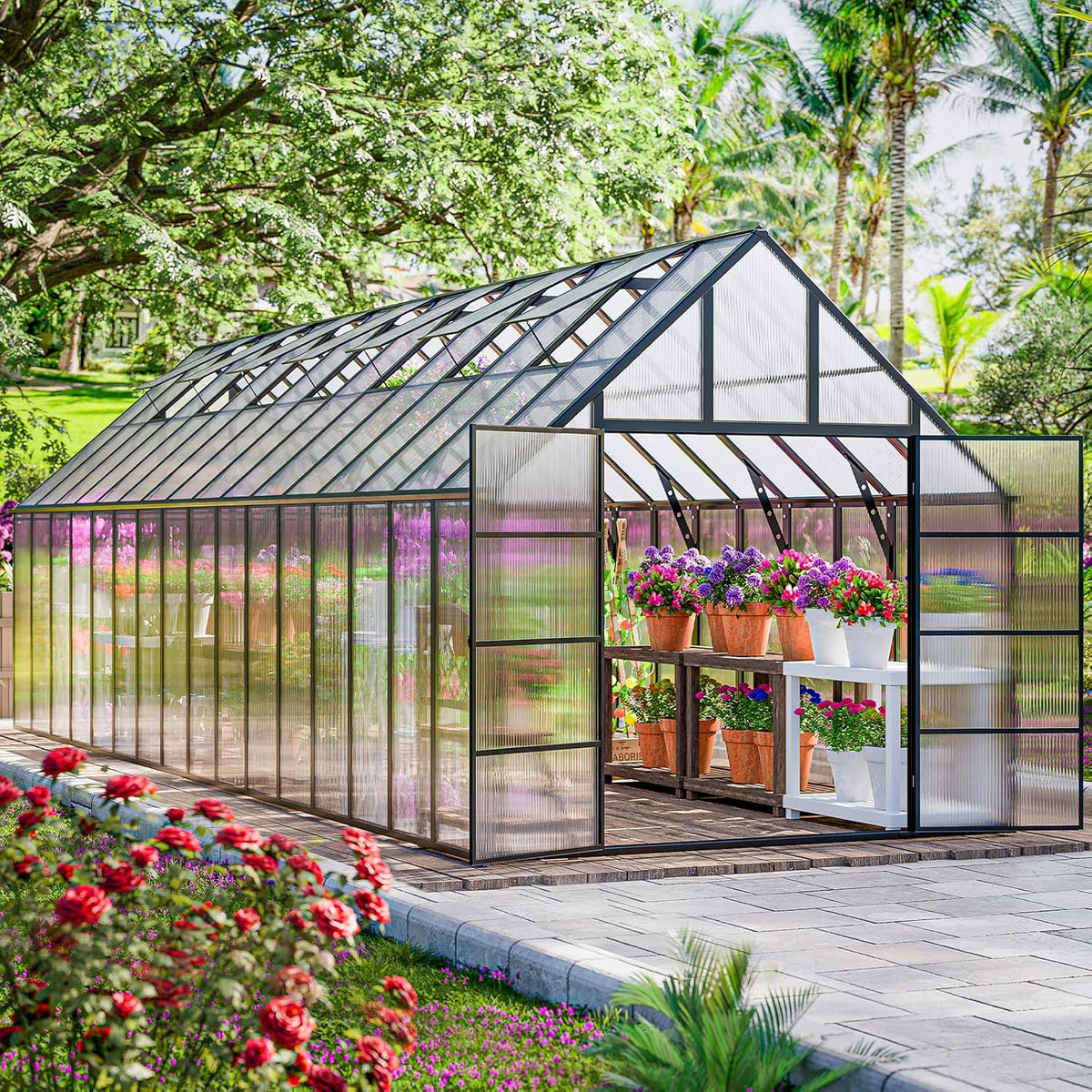 32x10x10 FT Extra Large Greenhouse for Outdoor with Transparent Roof Vents Swing Door, Easy Assembly Heavy Duty