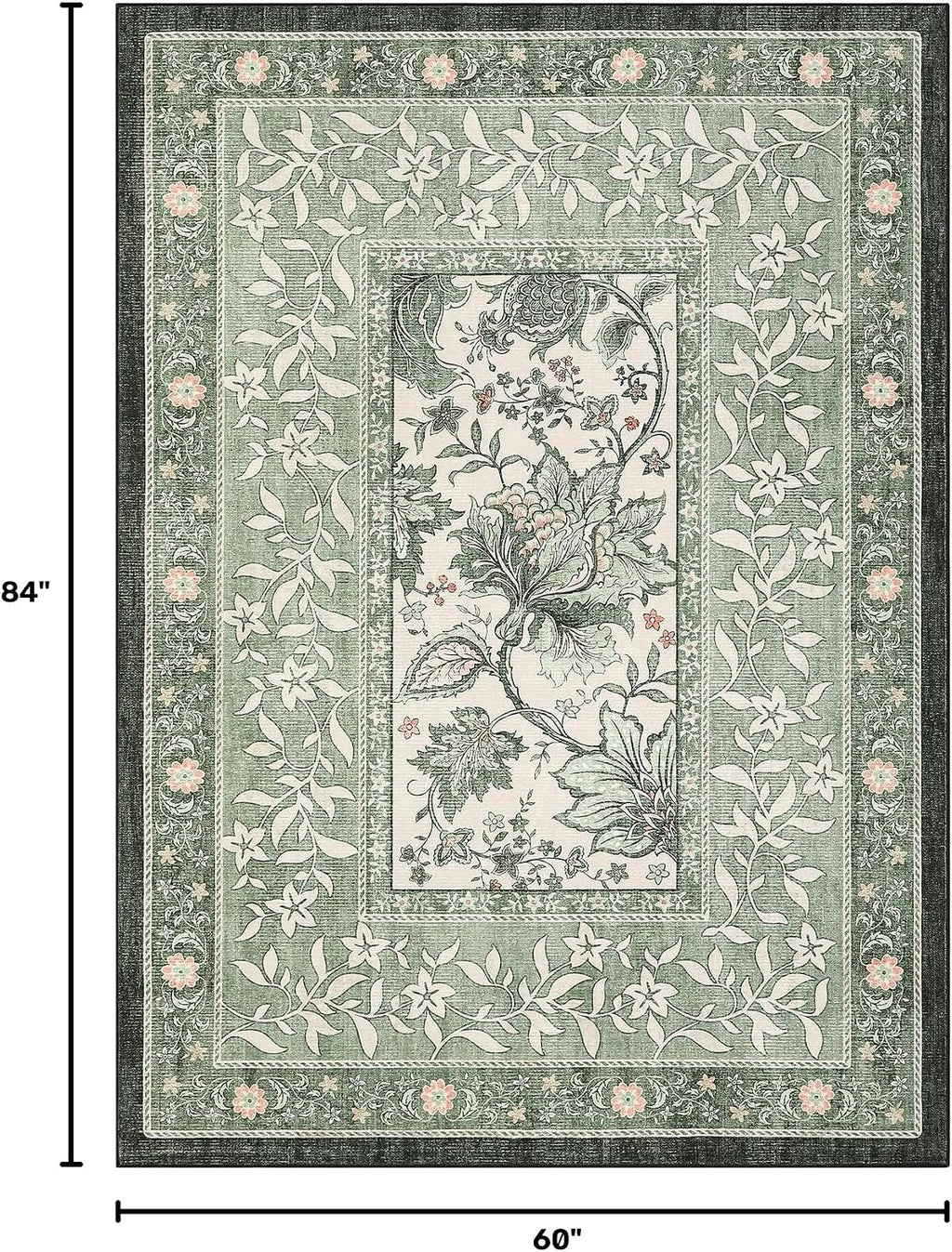 Provence Area Rugs, Botanical Grove Sage Green Vintage Cottagecore Non-Slip Washable Rug Bedroom Nursery Kitchen