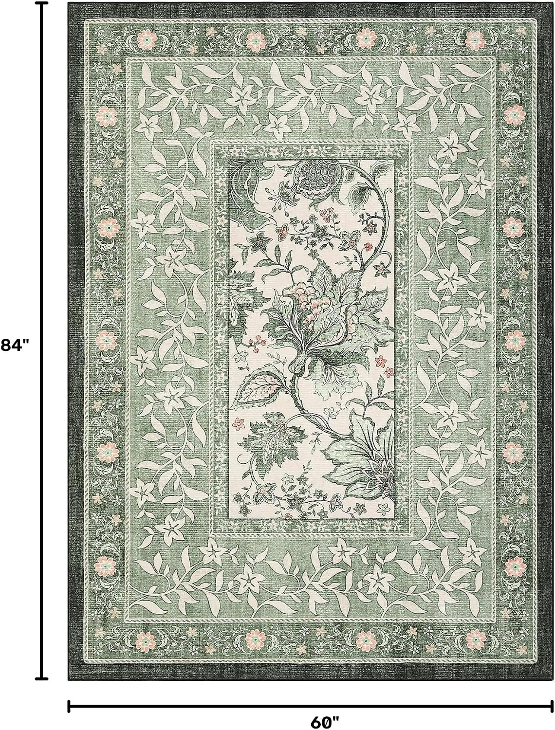 Provence Area Rugs, Botanical Grove Sage Green Vintage Cottagecore Non-Slip Washable Rug Bedroom Nursery Kitchen