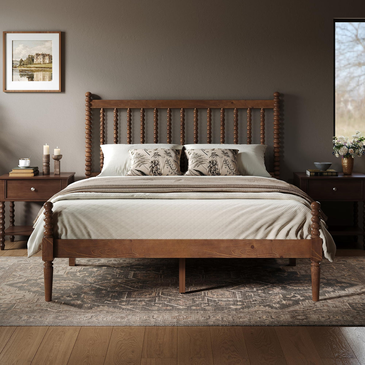 Solid Wood Bed Frame, Spindle Headboard, Dark Walnut