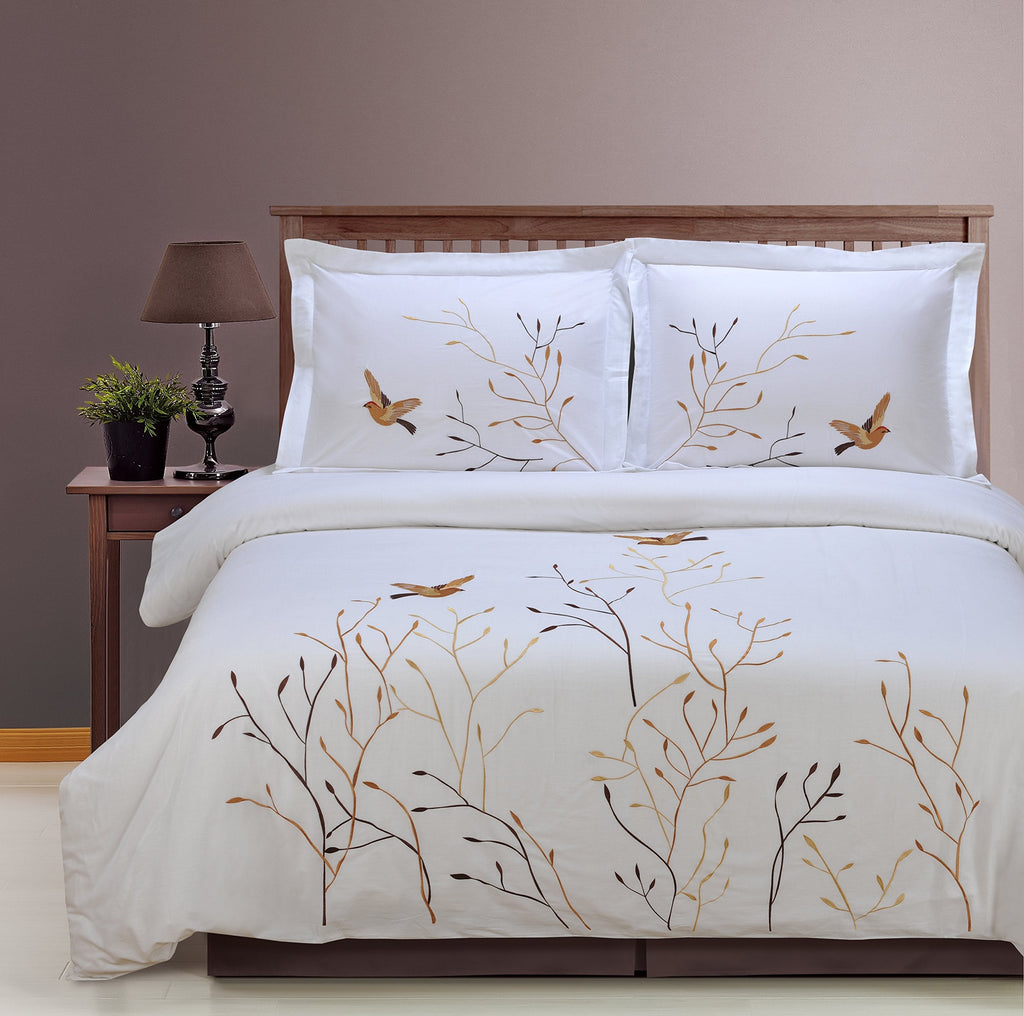 Swallow Cotton 200TC Duvet Cover Set, Comforter Cover, Bed Essentials, Embroidered Tree with Birds, Includes 1 Duvet