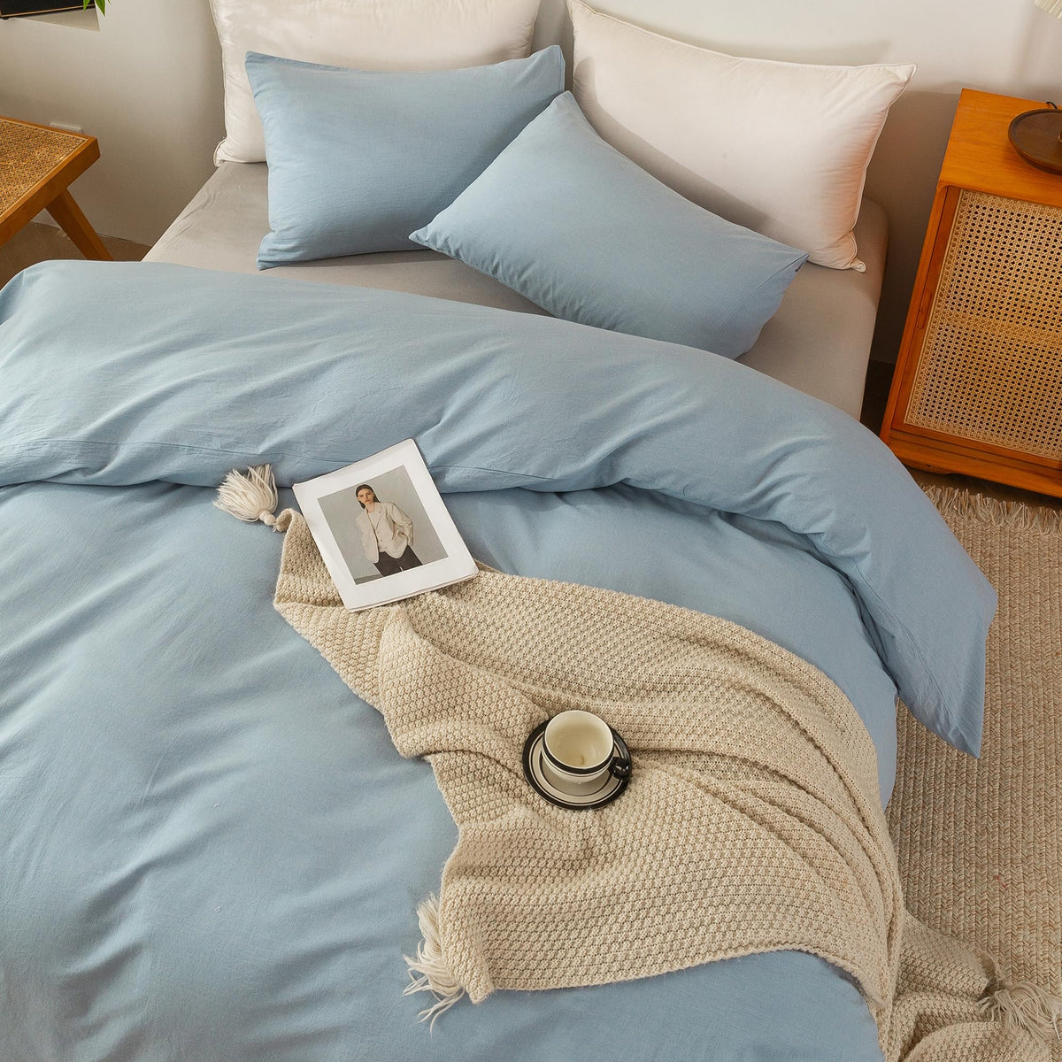 Cotton 3 Pcs Duvet Cover Set Linen Feel Haze Blue Queen