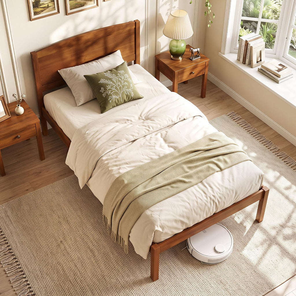 Twin Size Wooden Bed Frame with Curved Headboard, Walnut