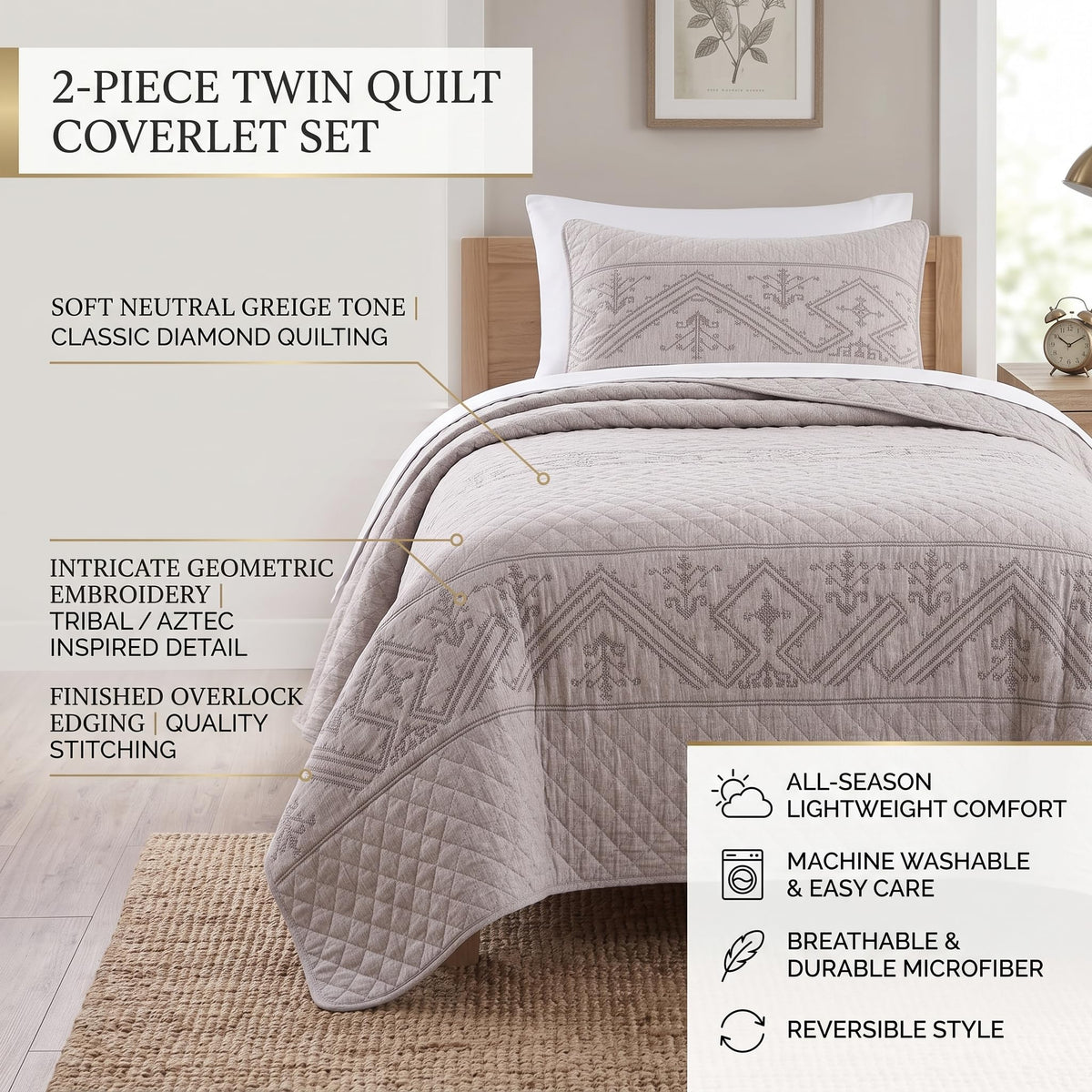 Twin 2-Piece Quilt Set, Heather Grey Embroidered Bedspread