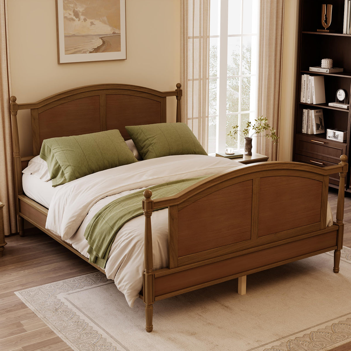 Farmhouse Traditional Platform Bed with Arched Headboard and Footboard, Cottage Panel Wooden Bed Frame