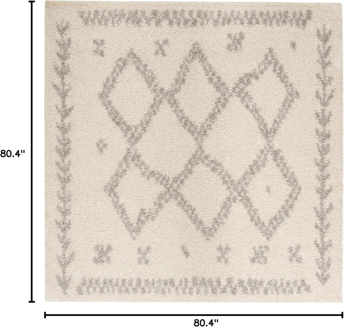 Arizona Shag Collection Area Rug - 6'7" Square, Ivory & Grey, Moroccan Boho Design, Non-Shedding & Easy to Clean