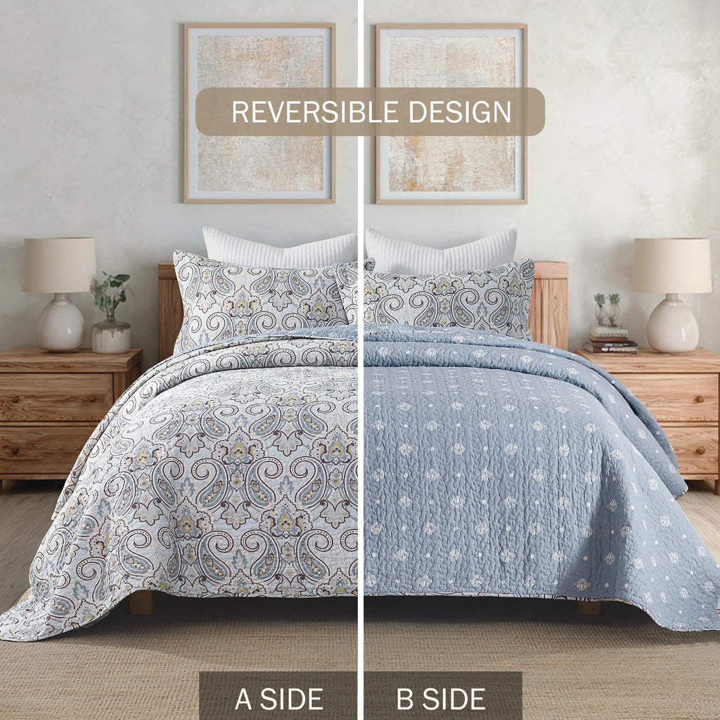 Paisley Quilt Set - 100% Cotton Bedding Blue/Gray/Taupe 3Pcs