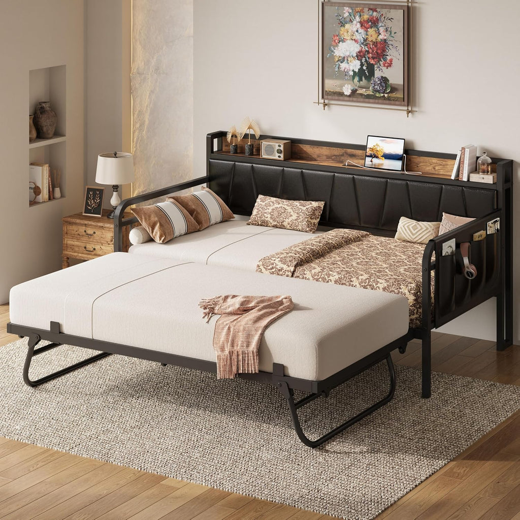 Twin XL Daybed, Day Bed Frame with Pop Up Trundle, Black | Pop Up Trundle Bed with Smooth Wheels, Charging Station