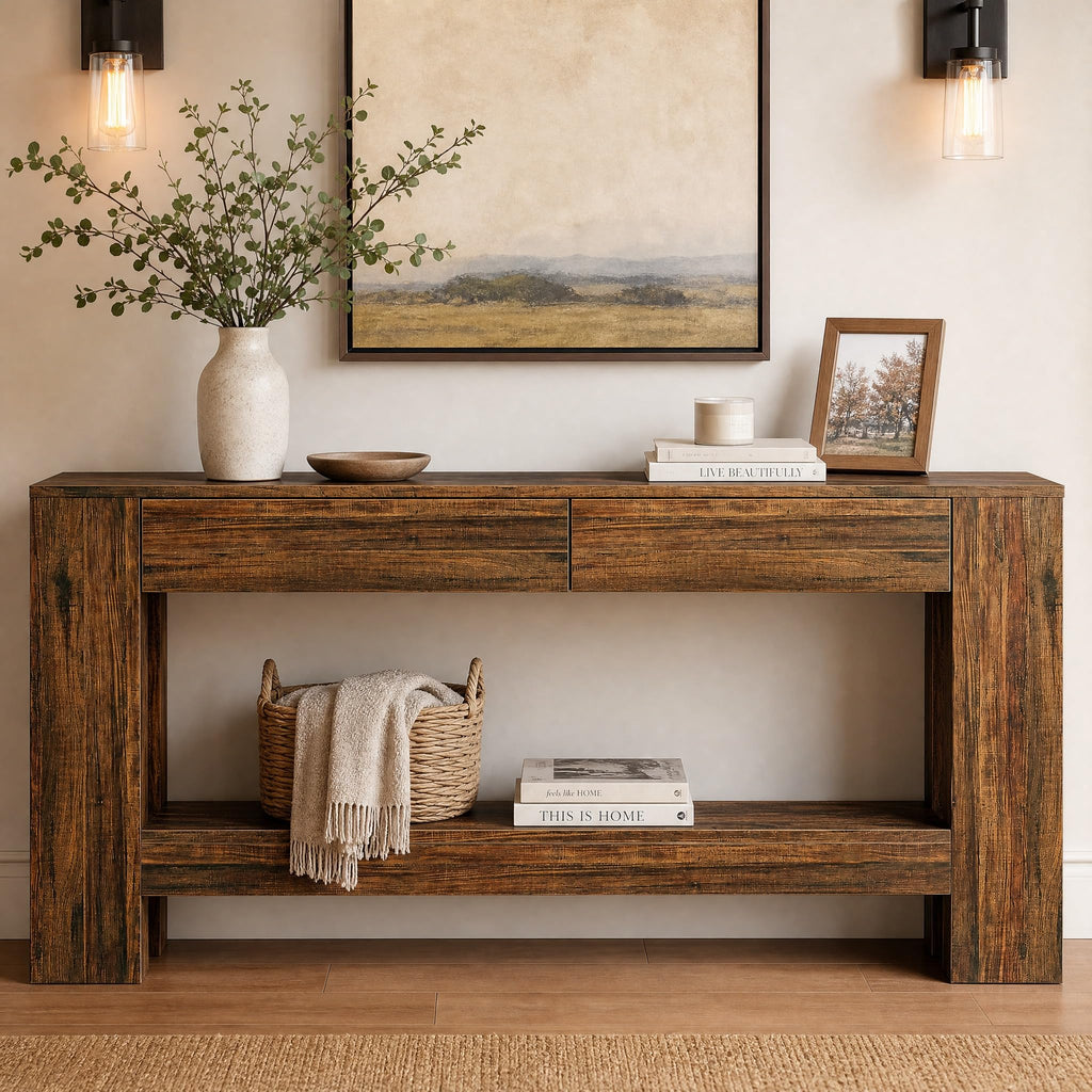 63 Inch Farmhouse Console Table with 2 Drawers and Open Shelf