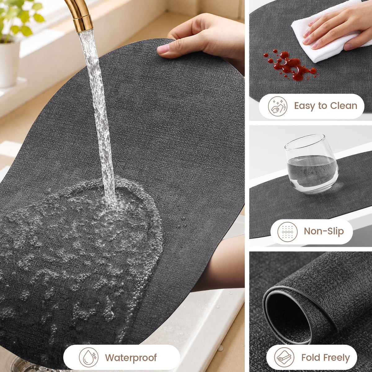 Oval Faux Leather Placemats Set of 6, Easy to Clean, Dark Grey