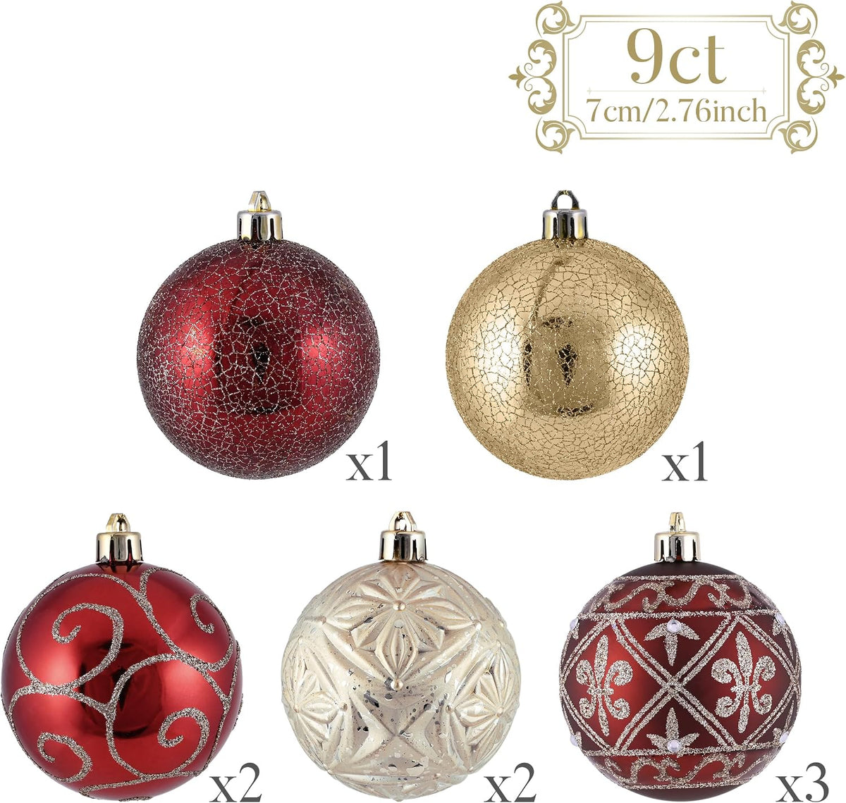 9ct Christmas Tree Decorations Ball Ornaments 2.76 Inches