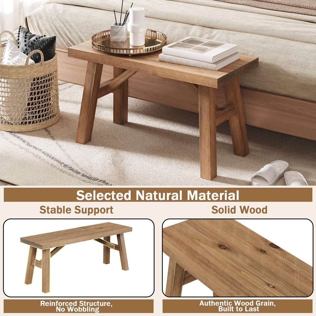 Sawmill Long Solid Wood Bench, 43" Farmhouse Entryway Bench, Natural