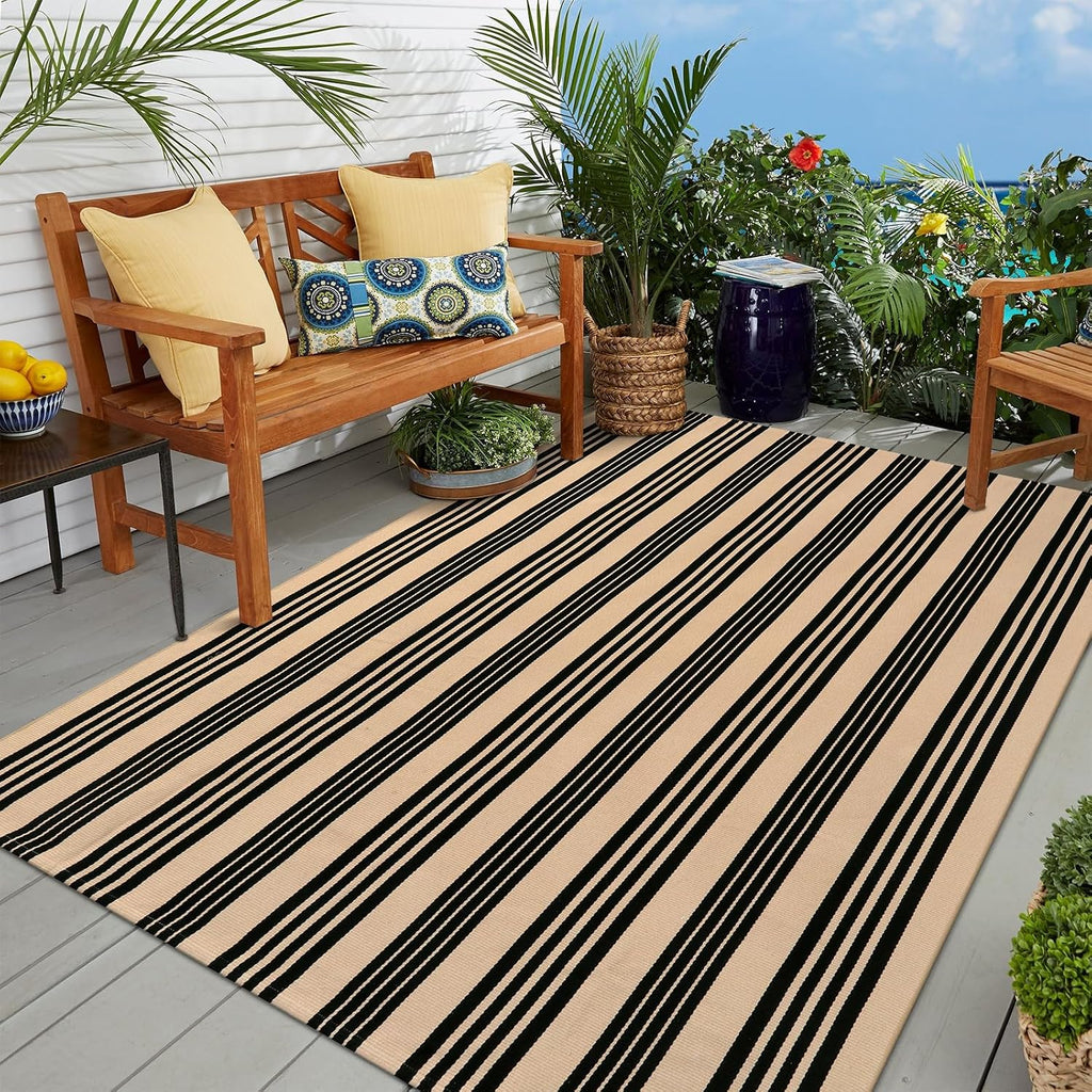Outdoor Patio Rug, Black and Tan Striped Outdoor Rugs Fall Decor