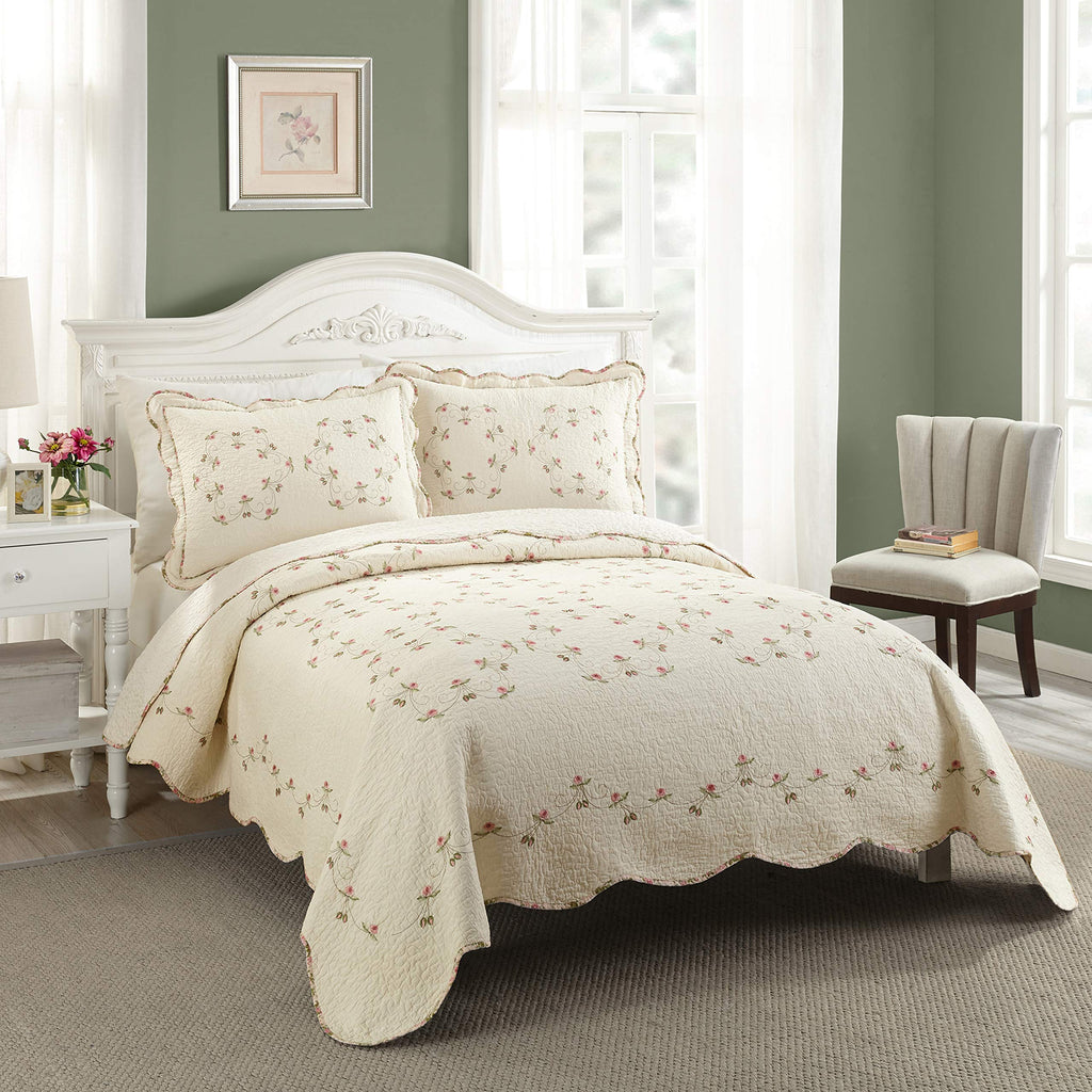 Felisa Embroidered Floral Quilt Set - 3 Piece Cotton Vintage Pink Ivory Scalloped Coverlet with 2