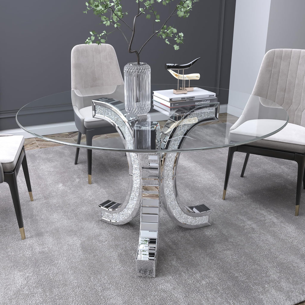 52" Round Glass Pedestal Dining Table with Tempered Glass Top