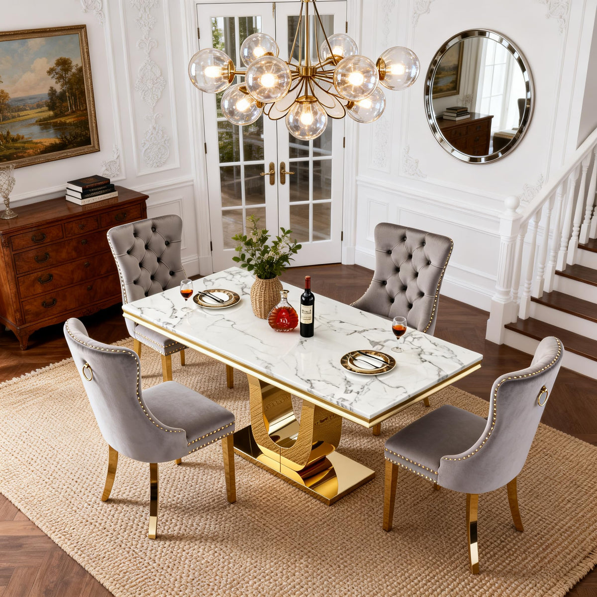 Faux Marble Dining Table Set for 4, Luxury Kitchen Table Chairs Set of 4