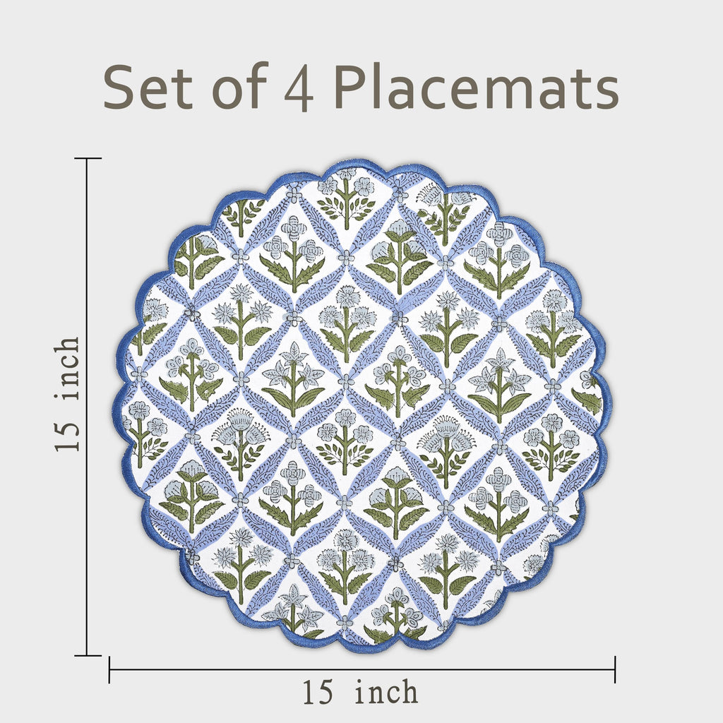 Floral Block Print Round Placemats 15 in, Set of 4, Light Steel Blue