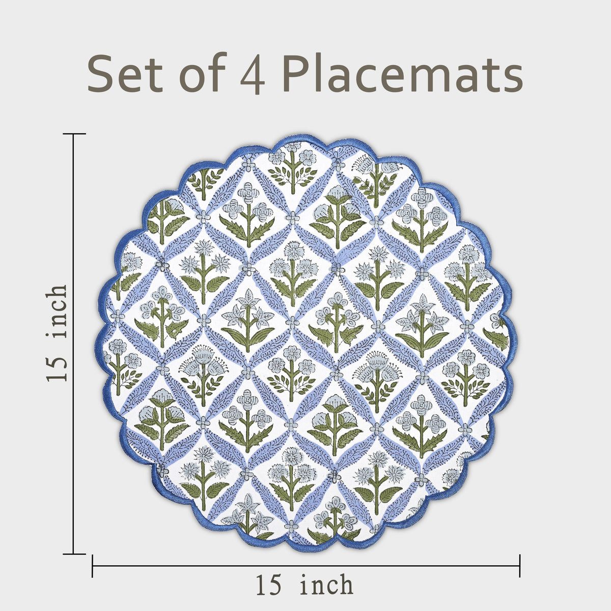 Floral Block Print Round Placemats 15 in, Set of 4, Light Steel Blue