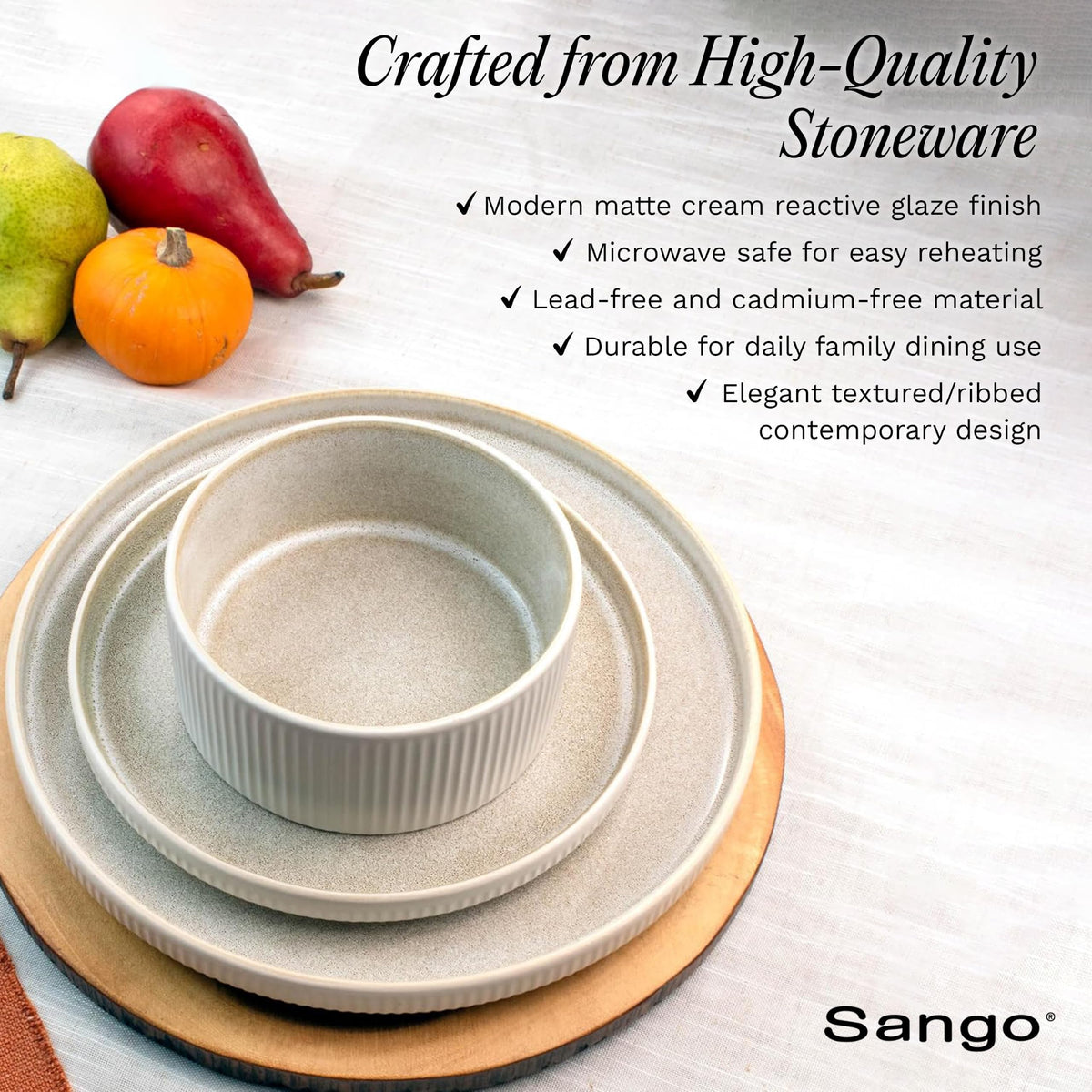 12 Pieces Stoneware Fluted Dinnerware Set, Modern Cream Dishes for 4, Premium Serving Plates and Bowls Sets, Chip &