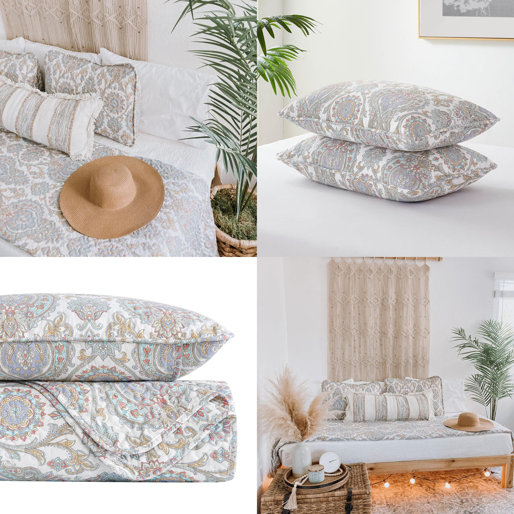 Oversized Queen Quilt Set w/ 2 Quilted Pillow Shams, Aqua Paisley Bedspread