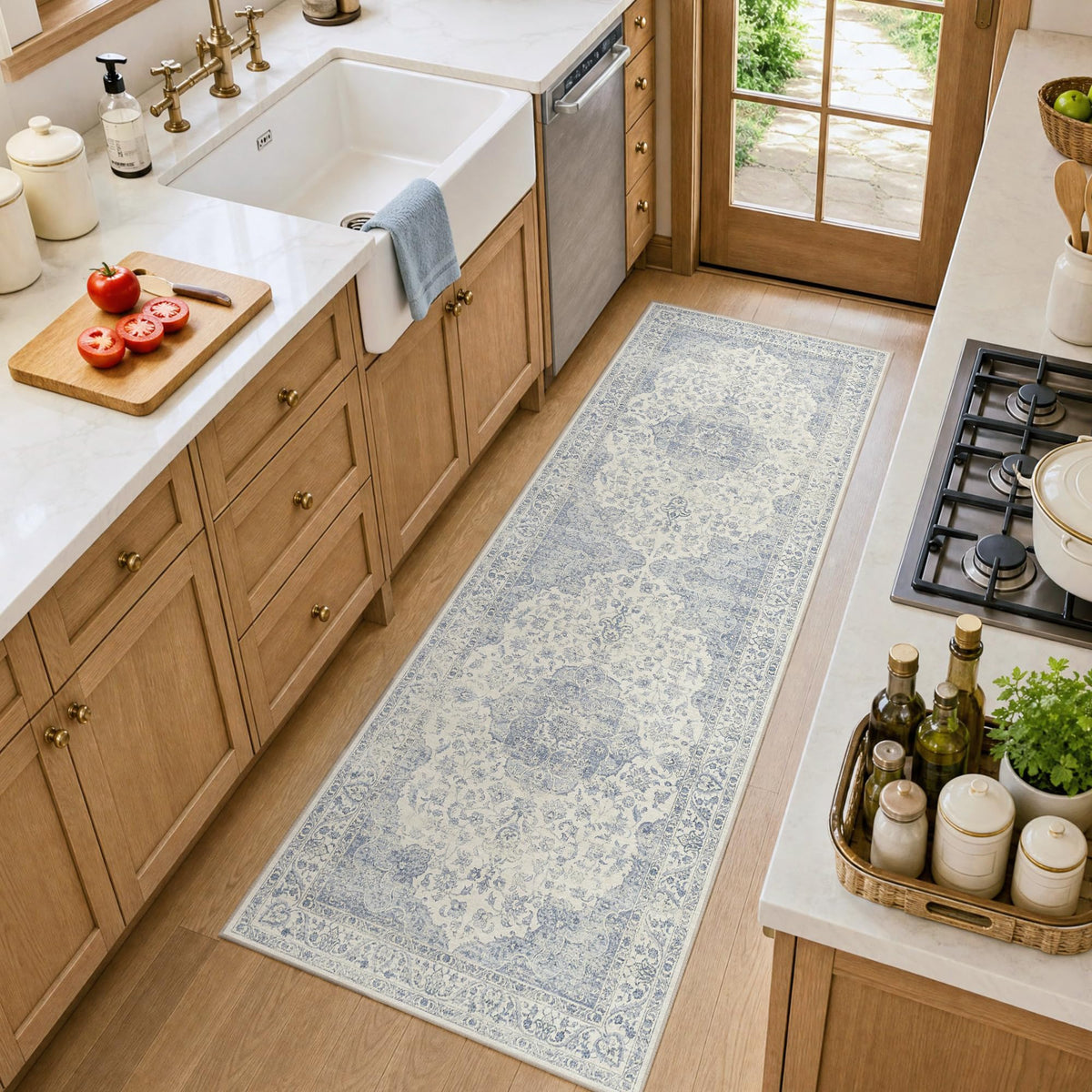 Hallway Runner Rug Washable Blue Neutral Vintage Distressed