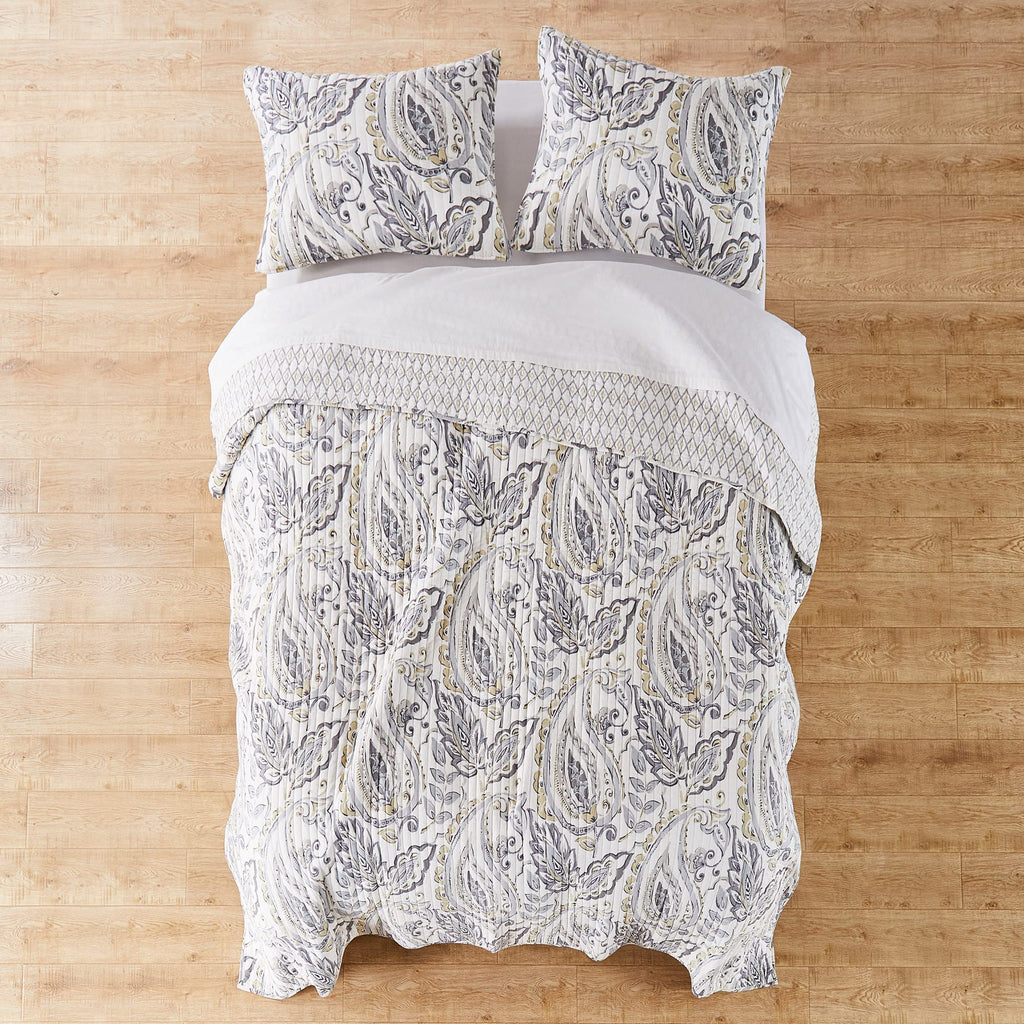 Tamsin Grey Quilt Set - King Quilt + Two King Pillow Shams - Modern Paisley - Grey Taupe Off-White - Quilt Size