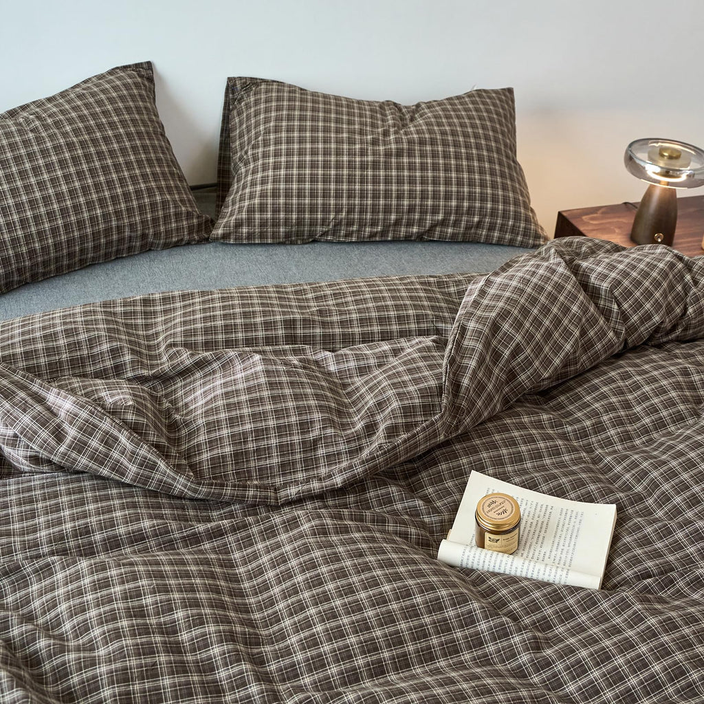 Vintage Buffalo Plaid Duvet Cover Set, 3 Piece Washed Cotton Brown Gingham Duvet Cover with 2 Pillowcases