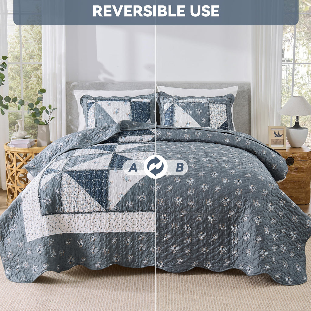 Quilt Bedding Set Grey Floral Patchwork Quilted Bedspread Set