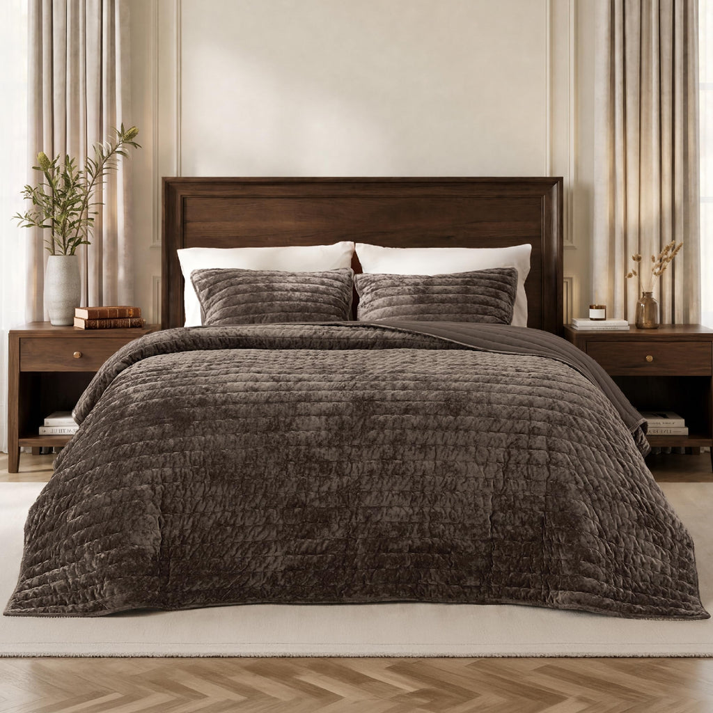 Velvet Quilt Set, Luxury Brown Bedding, Bedspread