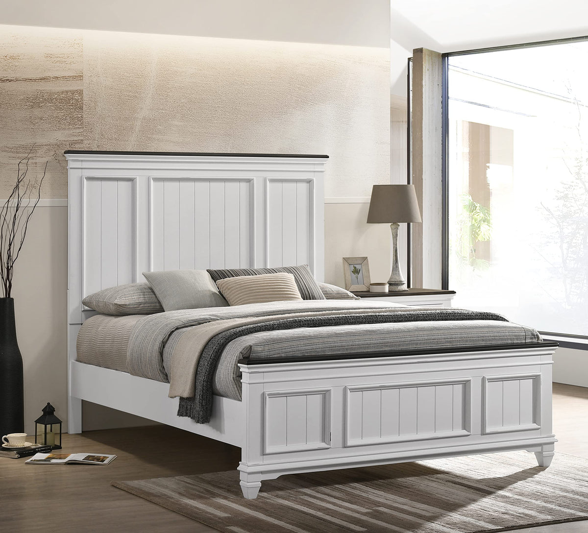 Clelane Shiplap Wood Panel Bed, Weathered White and Dark Gray
