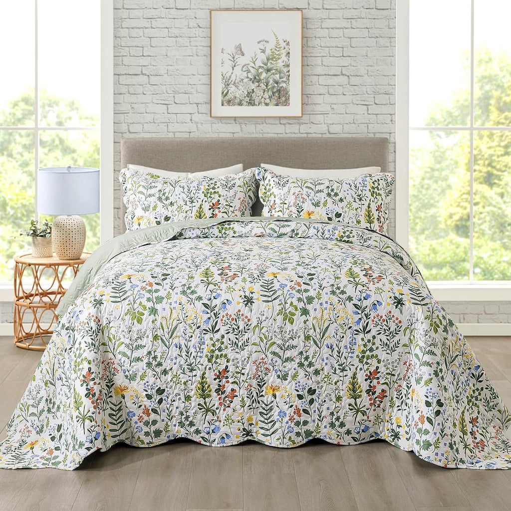 3-Piece Quilt Set Quilted Bedspread Lightweight Coverlet Set Garden Style Floral Printed Quilted Bedding, Queen Size