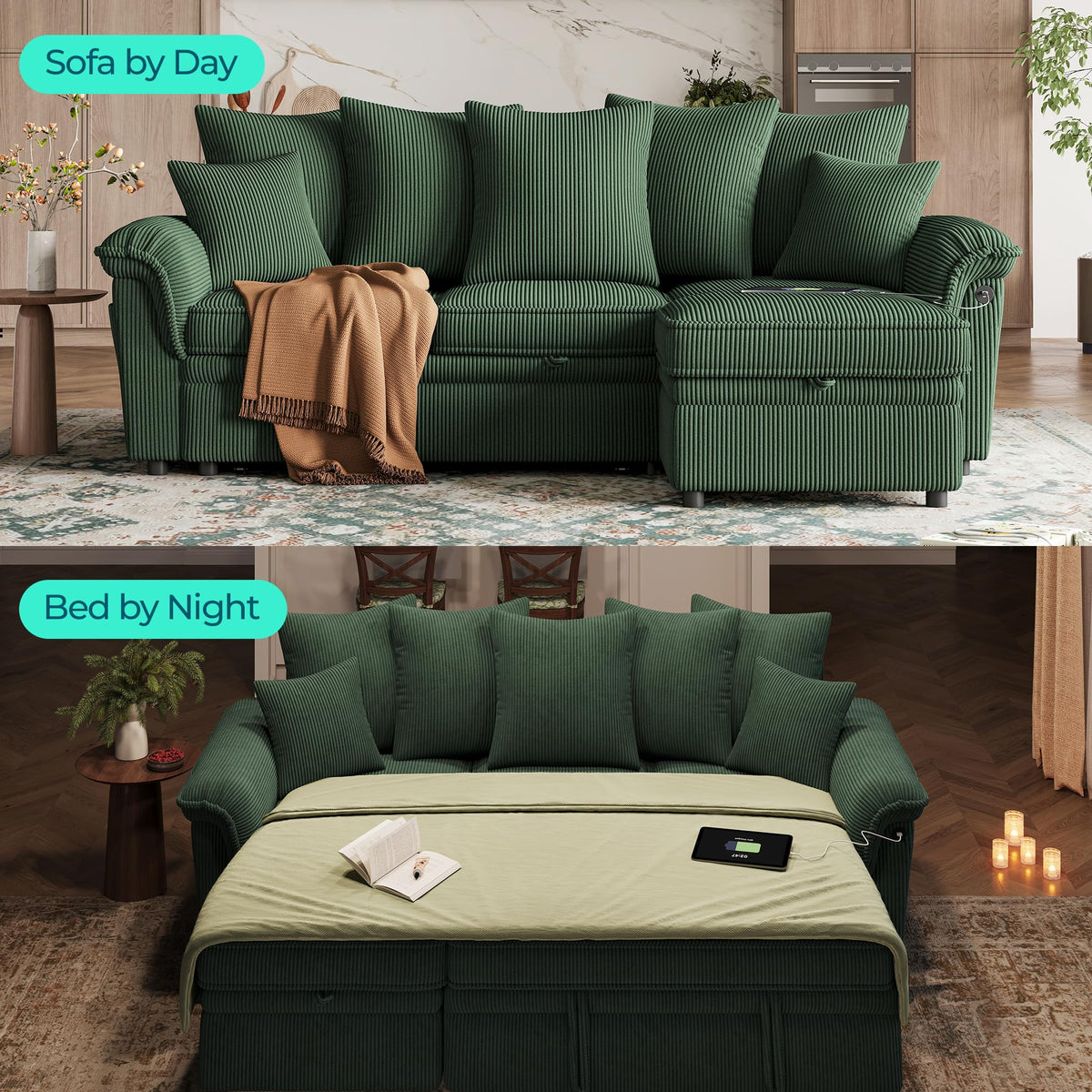Sectional Couch with Pull Out Bed, Large Corduroy Modular Sleeper Sofa, Storage Chaise, Wide Armrest, 90" 3 Seats