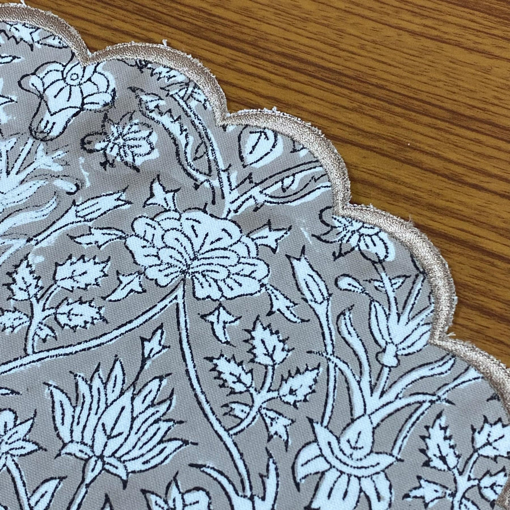 Floral Block Print Round Placemats 15 Inch, Set of 4, Taupe