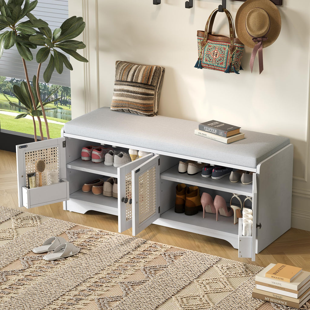 Rustic 47.4" Shoe Storage Bench with Removable Cushion, White