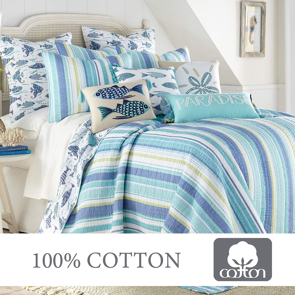 Laida Beach Quilt Set - Quilt + Two Standard Pillow Shams - Coastal Stripe - Green, Blue, White - Quilt