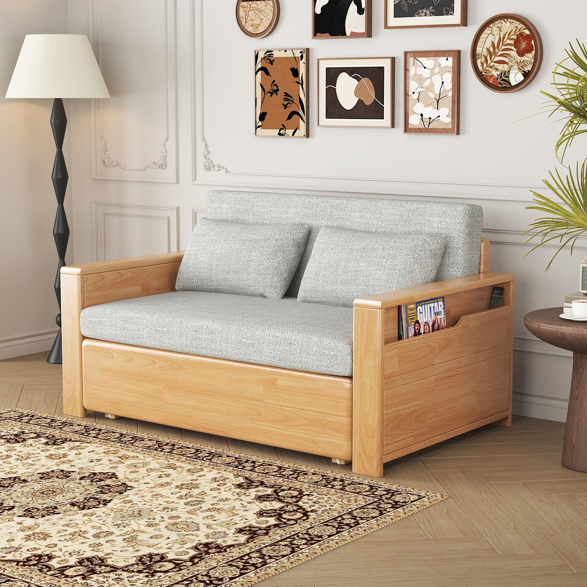 48" Grey 3-in-1 Sectional Sleeper Sofa w/Stor & Rev Chaise, Wooden Frame