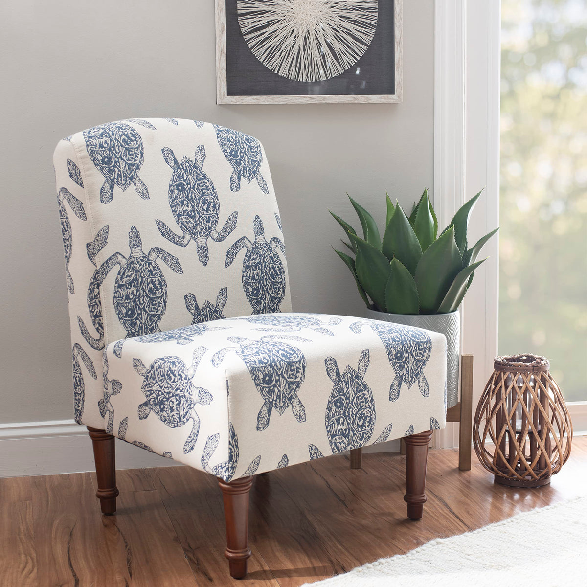 Markay Accent Chair, 25"W x 18.75"D x 35H, Ivory with Blue Sea Turtle Pattern, Traditional, Coastal, Upholstered